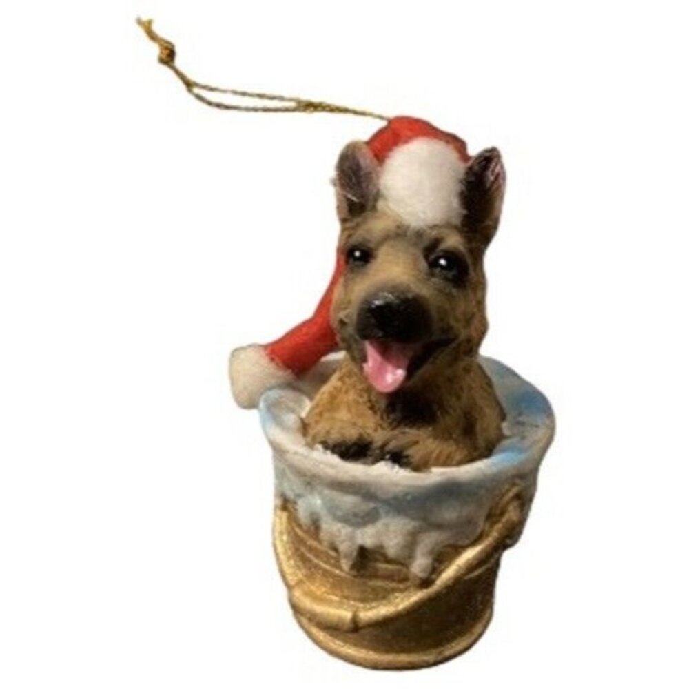 German Shepherd Christmas Ornament Santa Hat Polyresin Dog Gold Bucket Hanging